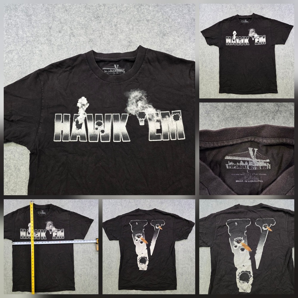 Pop Smoke VLONE Shirt Mens Large‎ Black Hawk 'Em Rap Graphic Tee Streetwear